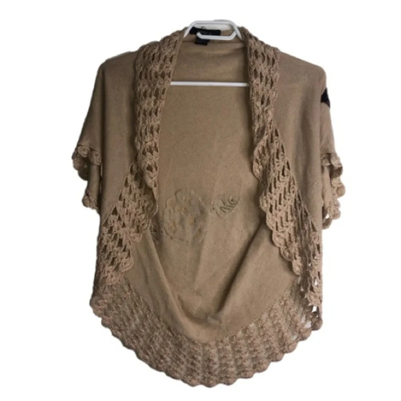 5/$25
Arden B. Cropped Knit Shrug M Beige Crocheted Embroidered Tan Taupe - Picture 2 of 6